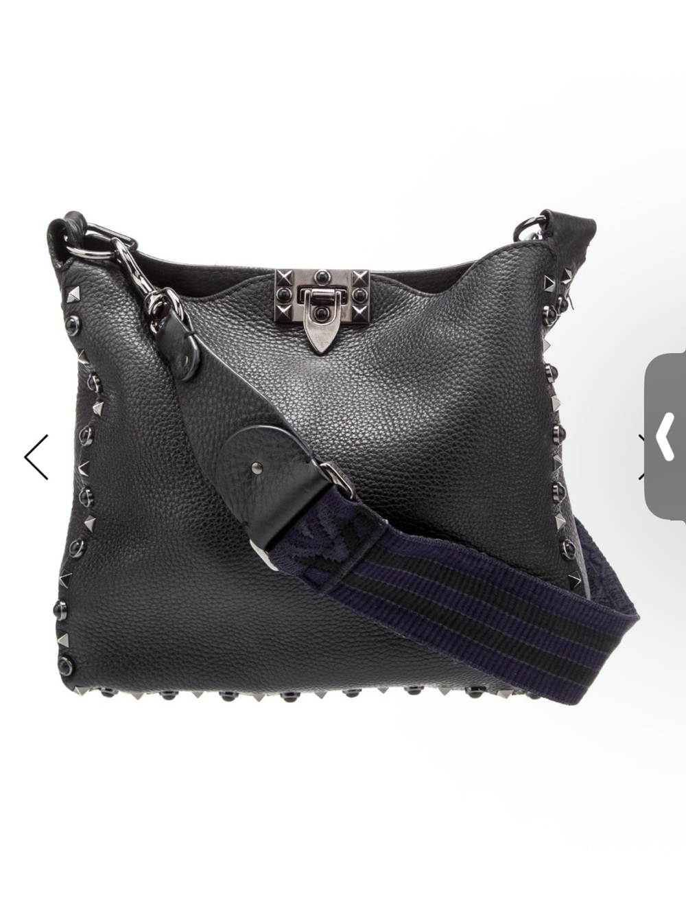 Valentino Black Pebbled Leather Studded Shoulder Bag with Navy Accent Strap